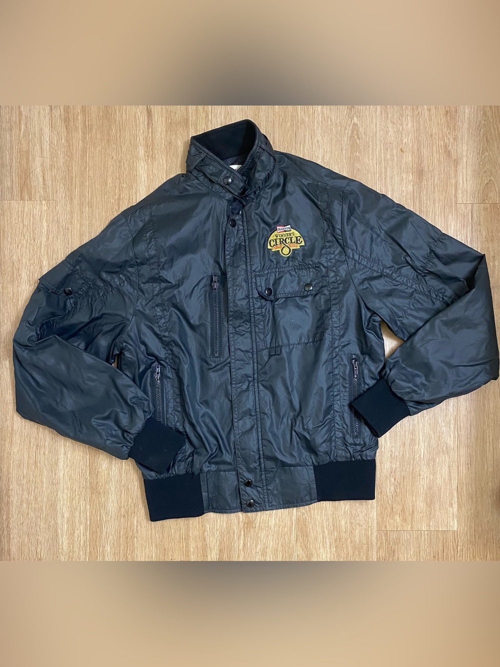 Vintage80s champion winners circle Men's Black Bomber Jacket with Chest Patch